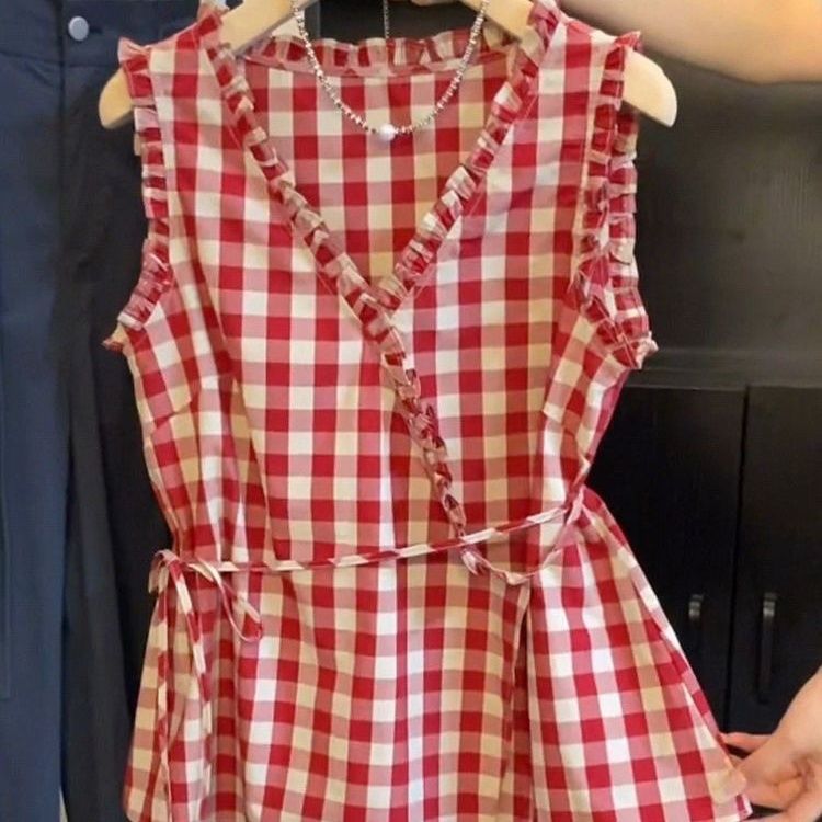 Retro Red Plaid Sleeveless Ves - Corset Waist Cinch recension och pris